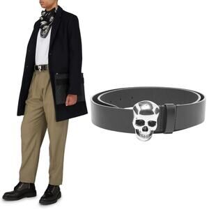 Alexander Mcqueen 3D Skull Black Leather Belt Silver Bucklet Size 90/36